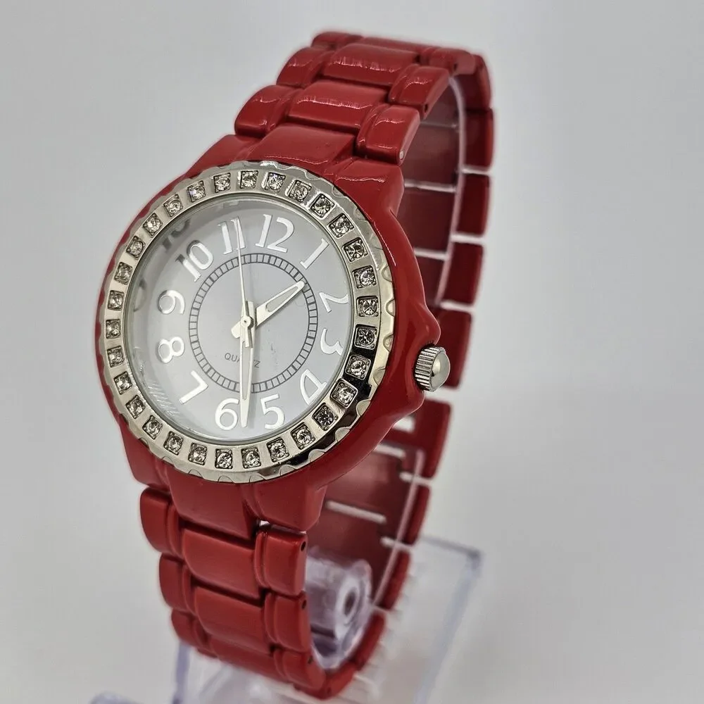 40MM Women's Watch White Dial Gemmed Bezel Red Metal Bands 7.5